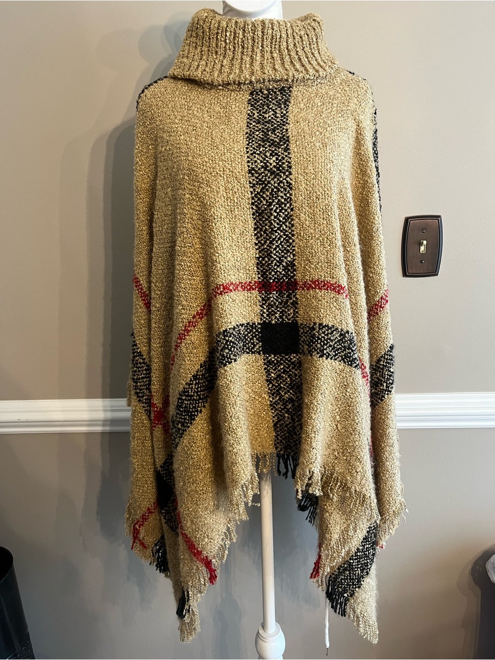 Cowl neck Plaid Knit Poncho with Fringe - Camel/Black/Red